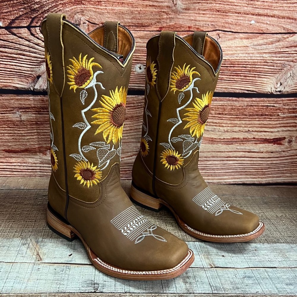 Women Western Cowgirl Cowboy Rodeo Sunflower Square Toe Boots Botas Vaqueras